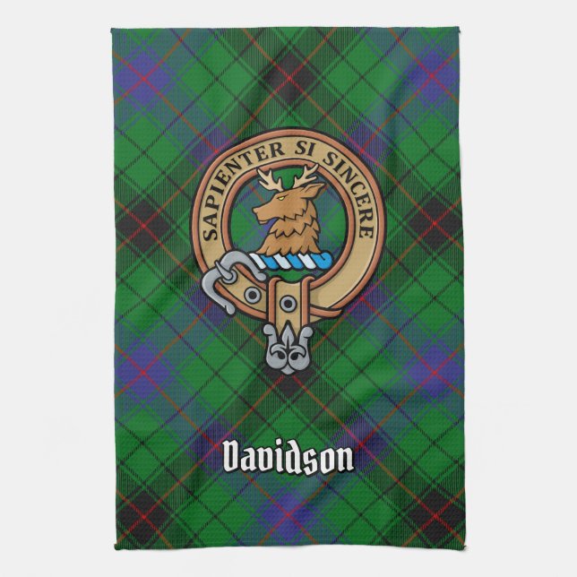 Clan Davidson Crest over Tartan Tea Towel (Vertical)