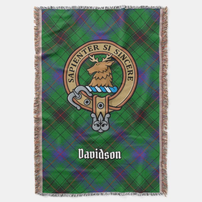 Clan Davidson Crest over Tartan Throw Blanket (Front Vertical)