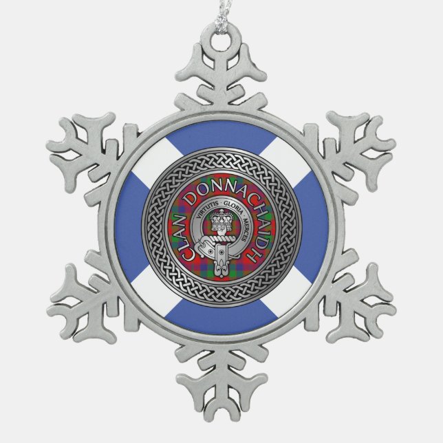 Clan Donnachaidh | Robertson Crest & Tartan Knot Snowflake Pewter Christmas Ornament (Front)