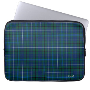 Clan Douglas Tartan Blue and Green Plaid Monogram Laptop Sleeve