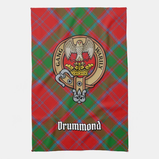 Clan Drummond Crest over Tartan Tea Towel (Vertical)