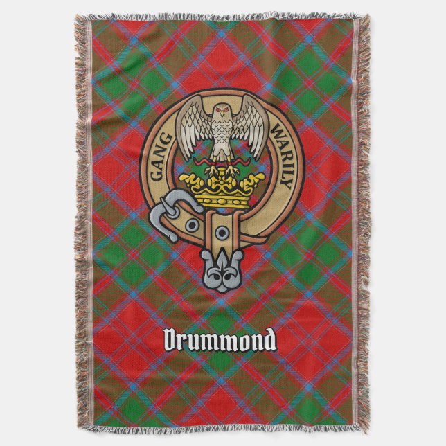 Clan Drummond Crest over Tartan Throw Blanket (Front Vertical)