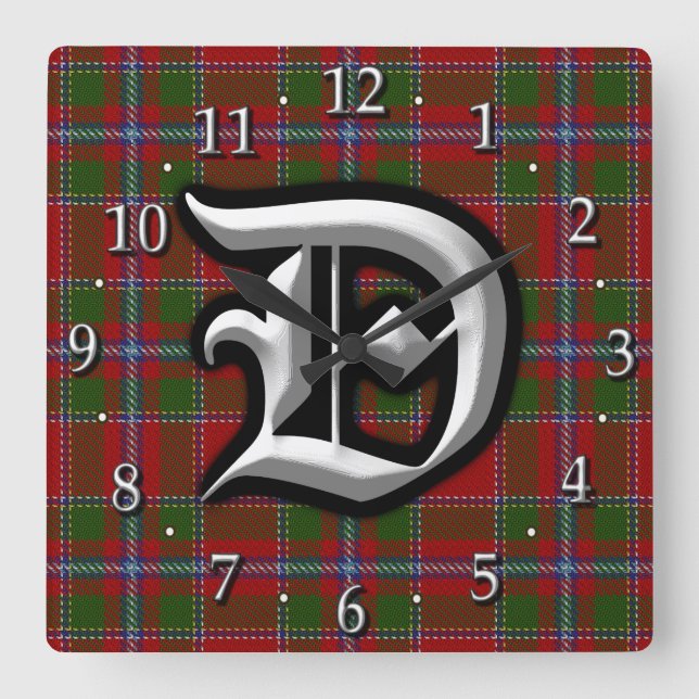 Clan Drummond Letter D Monogram Tartan Square Wall Clock (Front)