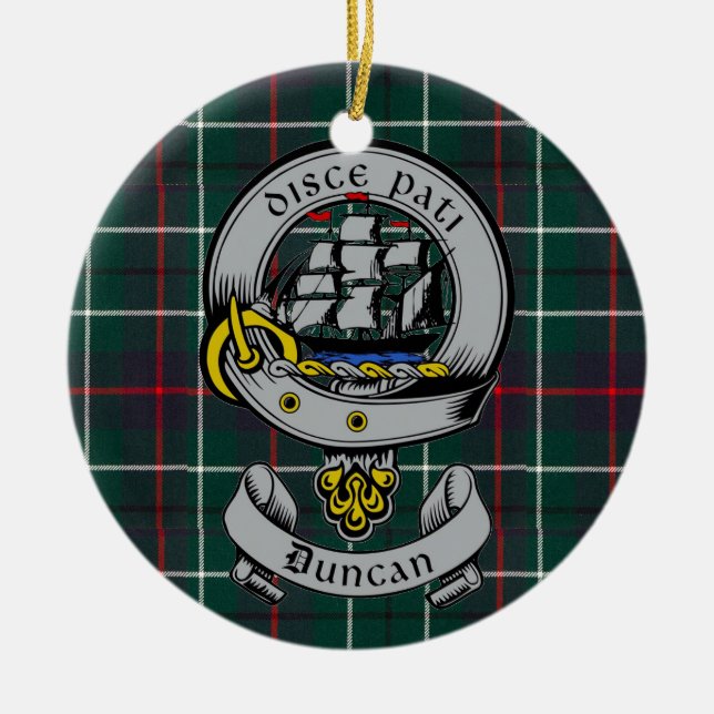 Clan Duncan Crest Badge & Tartan Customisable Ceramic Ornament (Front)
