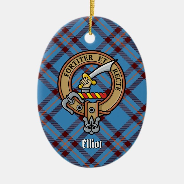 Clan Elliot Crest over Ancient Tartan Ceramic Ornament (Front)