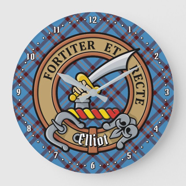 Clan Elliot Crest over Ancient Tartan Large Clock (Front)