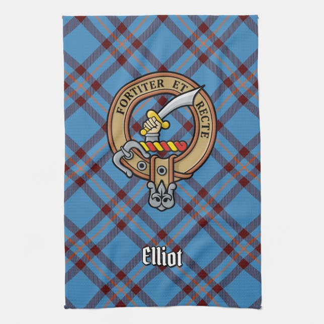 Clan Elliot Crest over Ancient Tartan Tea Towel (Vertical)