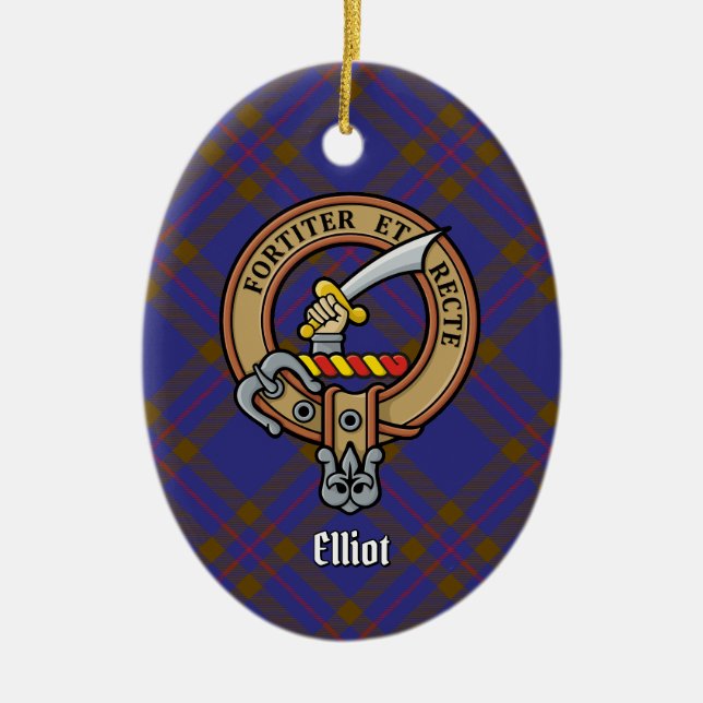 Clan Elliot Crest over Modern Tartan Ceramic Ornament (Front)