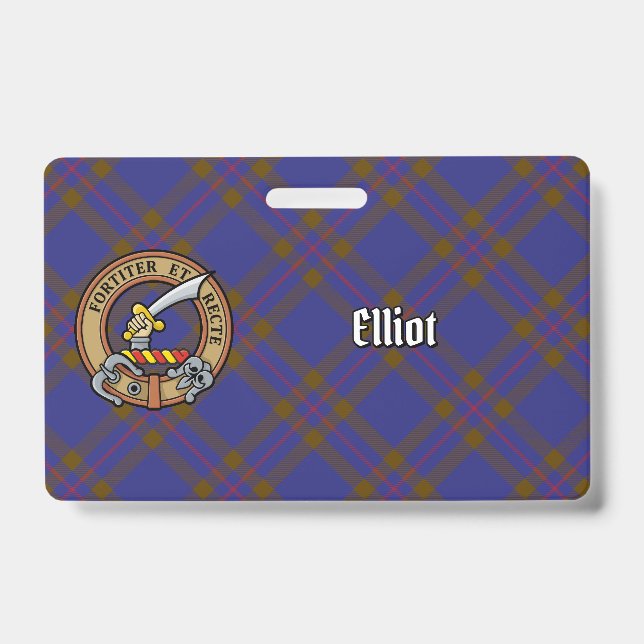 Clan Elliot Crest over Modern Tartan ID Badge (Front)