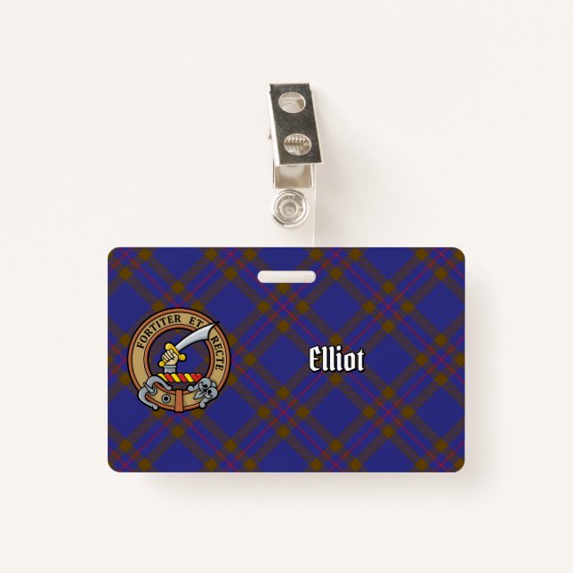 Clan Elliot Crest over Modern Tartan ID Badge (Front with Clip)