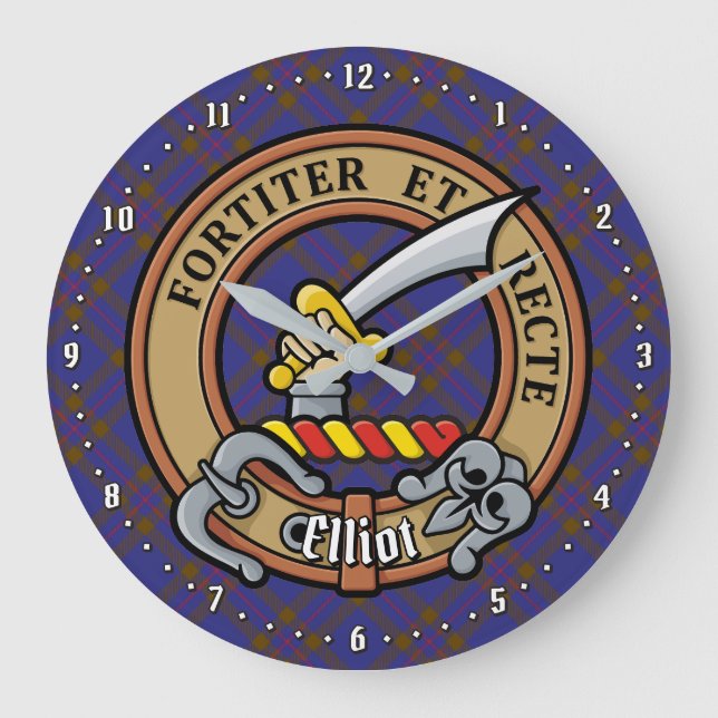Clan Elliot Crest over Modern Tartan Large Clock (Front)