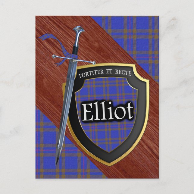 Clan Elliot Tartan Sword & Shield Postcard (Front)