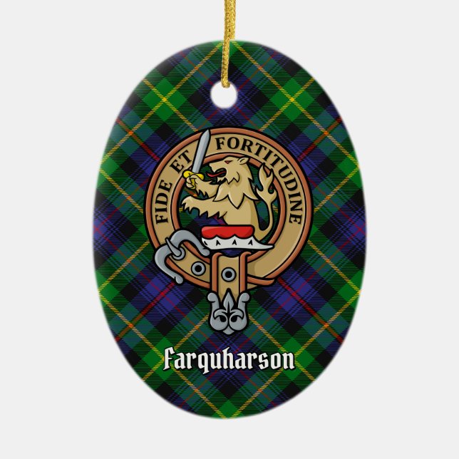 Clan Farquharson Crest over Tartan Ceramic Ornament (Front)