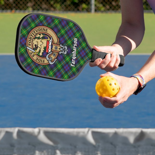 Clan Farquharson Crest over Tartan Keychain Pickleball Paddle (Insitu)