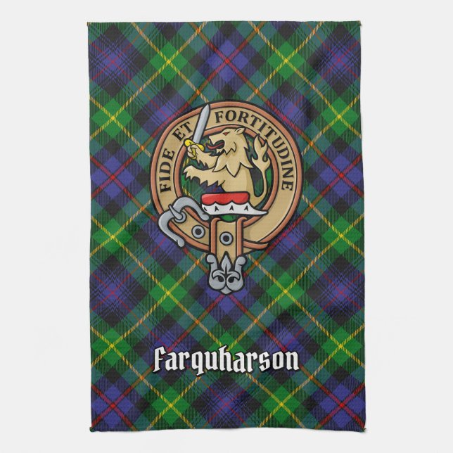 Clan Farquharson Crest over Tartan Kitchen Towel (Vertical)