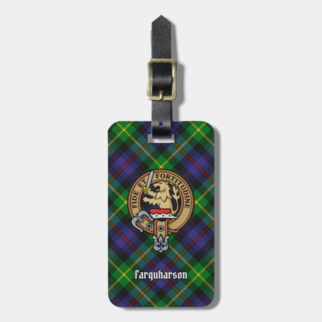 Clan Farquharson Crest over Tartan Luggage Tag (Front Vertical)