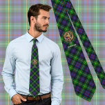 Clan Farquharson Crest over Tartan Tie<br><div class="desc">Clan Farquharson crest badge surrounded by a strap and buckle over tartan background. Custom text.</div>