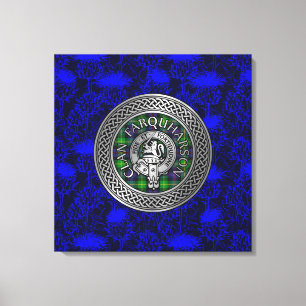Clan Farquharson Crest & Tartan Knot on Thistle Canvas Print
