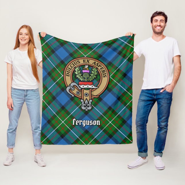 Clan Ferguson Crest over Tartan Fleece Blanket (In Situ)