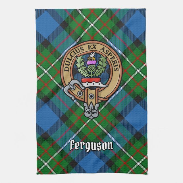 Clan Ferguson Crest over Tartan Kitchen Towel (Vertical)