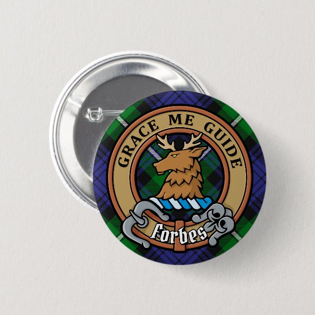 Clan Forbes Crest over Tartan 6 Cm Round Badge (Front & Back)