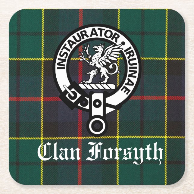 Clan Forsyth Crest Badge and Tartan Square Paper Coaster (Front)