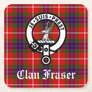 Clan Fraser Crest Badge and Tartan Square Paper Coaster