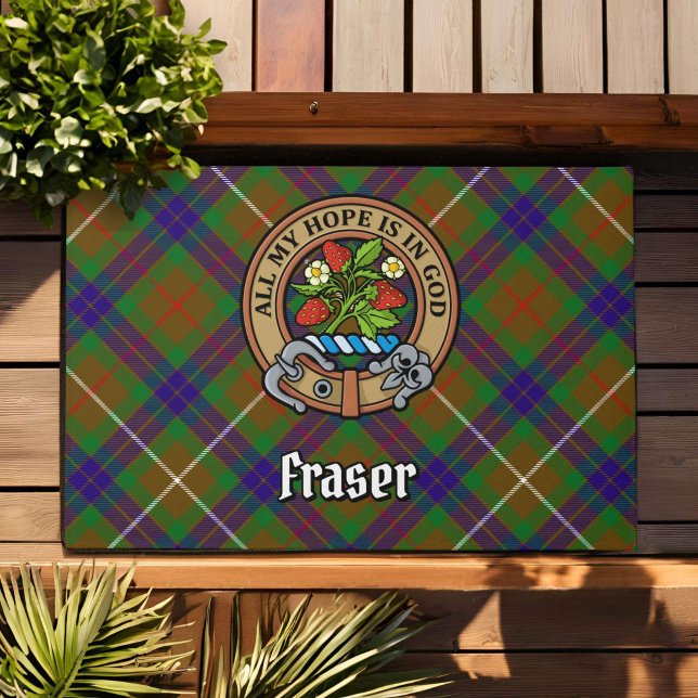 Clan Fraser Crest over Hunting Tartan Doormat (Creator Uploaded)