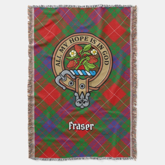 Clan Fraser Crest over Tartan Throw Blanket (Front Vertical)