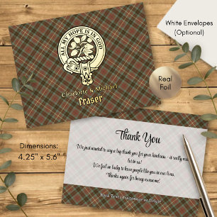 Clan Fraser Crest over Weathered Hunting Tartan Foil Invitation Postcard