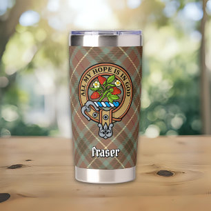 Clan Fraser Crest over Weathered Hunting Tartan Insulated Tumbler