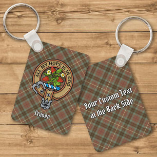 Clan Fraser Crest over Weathered Hunting Tartan Key Ring
