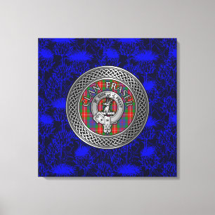 Clan Fraser Crest & Tartan Knot on Thistle Canvas Print