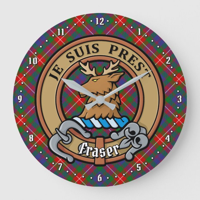 Clan Fraser of Lovat Crest over Tartan Large Clock (Front)