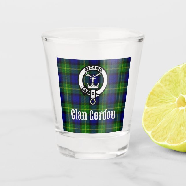 Clan Gordon Crest Badge & Tartan   Shot Glass (Front)