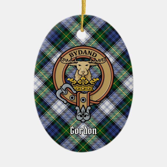 Clan Gordon Crest over Dress Tartan Ceramic Ornament (Front)