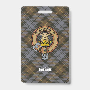 Clan Gordon Crest over Weathered Tartan ID Badge