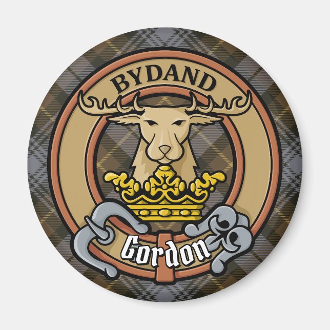 Clan Gordon Crest over Weathered Tartan Magnet (Front)