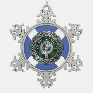 Clan Graham Crest & Tartan Knot Snowflake Pewter Christmas Ornament