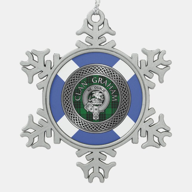 Clan Graham Crest & Tartan Knot Snowflake Pewter Christmas Ornament (Front)