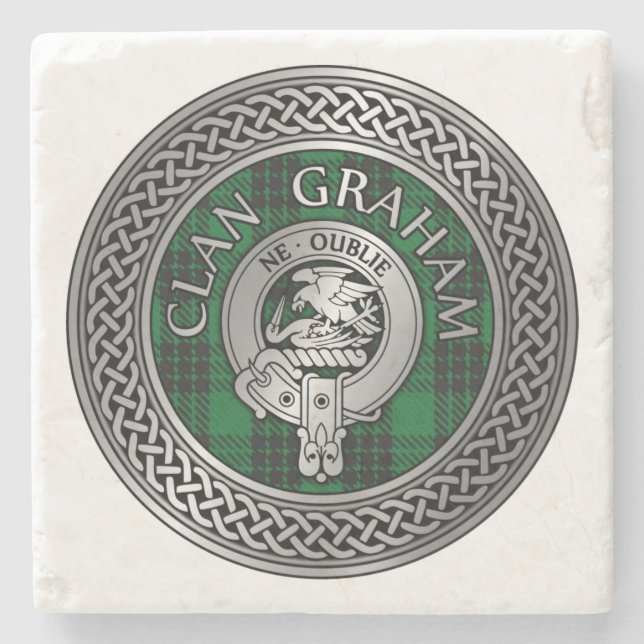 Clan Graham Crest & Tartan Knot Stone Coaster (Front)