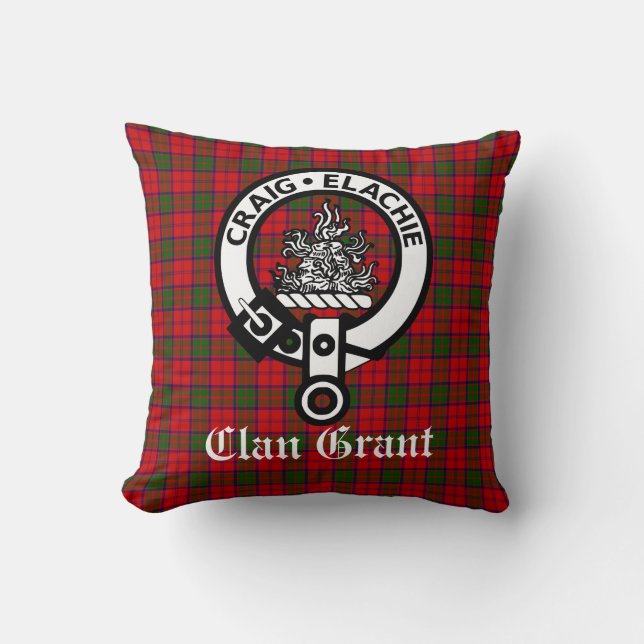 Clan Grant Crest Badge and Tartan Cushion (Front)