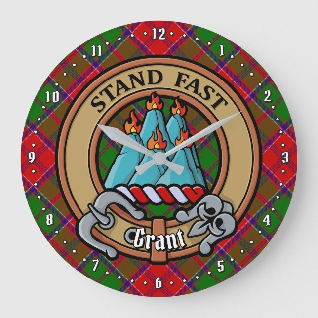 Clan Grant Crest over Tartan Large Clock (Front)