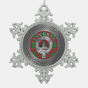Clan Grant Crest & Tartan Knot Snowflake Pewter Christmas Ornament