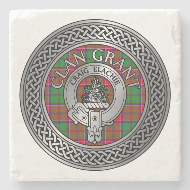 Clan Grant Crest & Tartan Knot Stone Coaster (Front)