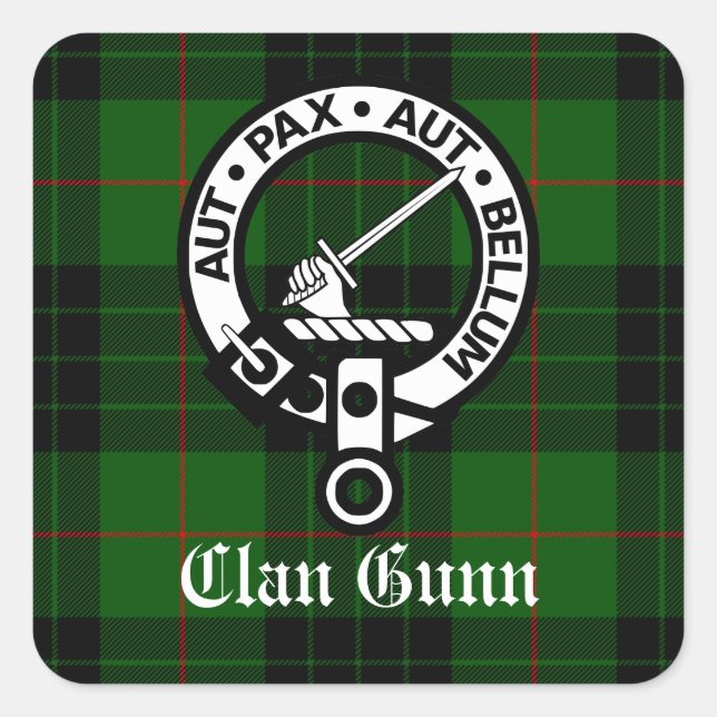 Clan Gunn Crest Badge and Tartan Square Sticker (Front)