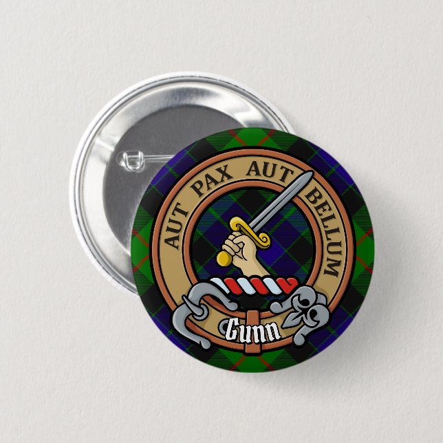 Clan Gunn Crest over Tartan 6 Cm Round Badge (Front & Back)