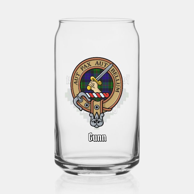 Clan Gunn Crest over Tartan Can Glass (Front)