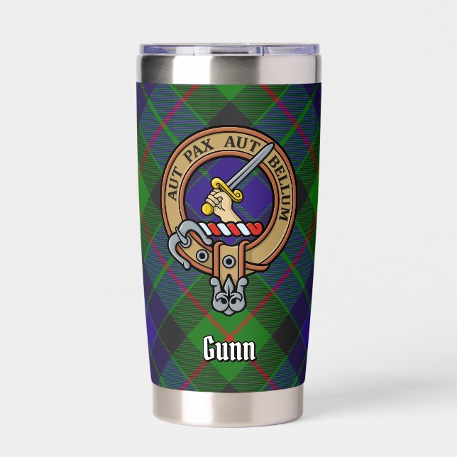 Clan Gunn Crest over Tartan Insulated Tumbler (Front)