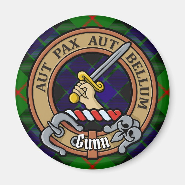 Clan Gunn Crest over Tartan Magnet (Front)